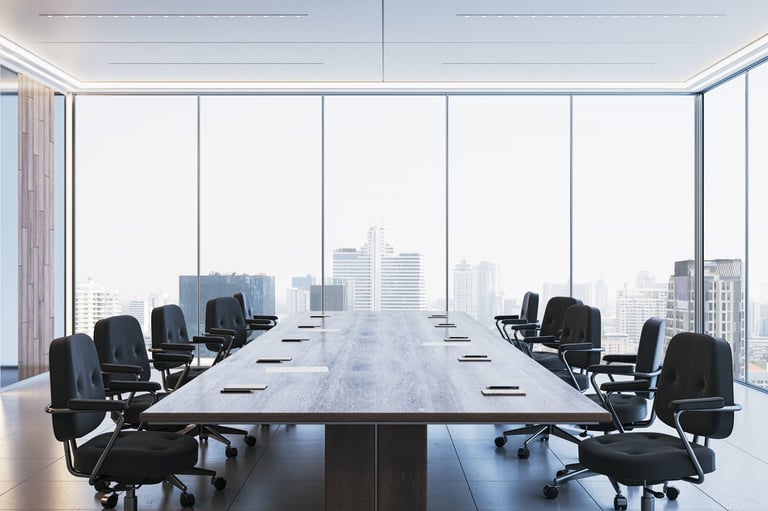 Modern corporate boardroom with panoramic city views, representing strategic business decision-making