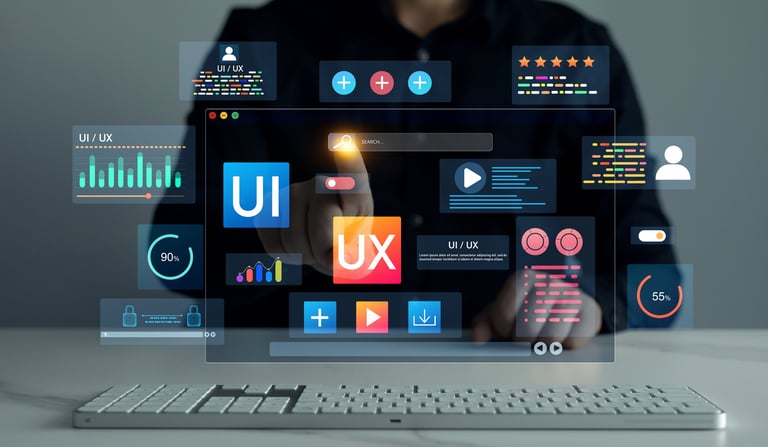 Web design, application design, coding develop. UX-UI design web and user design development. Holographic UI-UX, display icons of UX-UI designer, creative planning, data visualization.