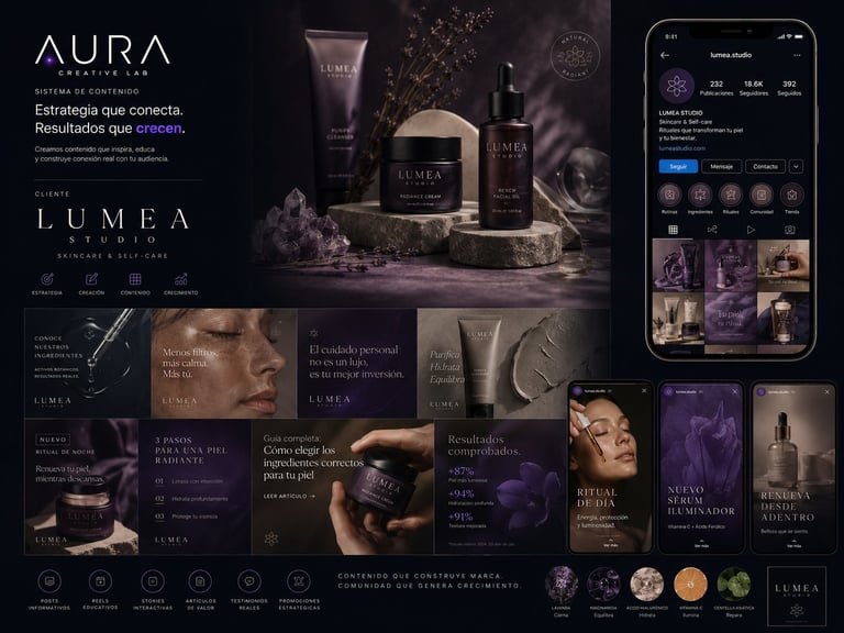 AURA skincare brand website displaying luxury beauty products with purple aesthetic, mobile app interface, and product photography