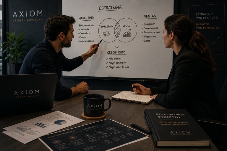 Two professionals discussing a strategy diagram on a whiteboard in an Axiom office, with branded materials and coffee mug on the desk