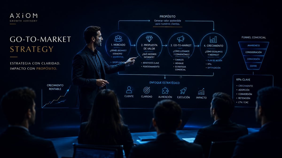 Business presenter explaining go-to-market strategy with blue holographic diagrams to an audience in a dark conference setting