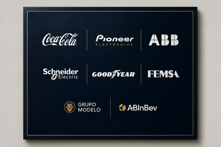 Collection of corporate logos including Coca-Cola, Pioneer, ABB, Schneider Electric, Goodyear, FEMSA, Grupo Modelo, and ABInBev displayed on dark background