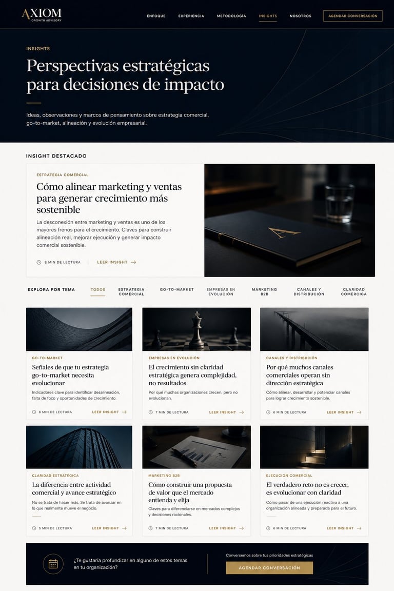 AXIOM website homepage showing strategic perspectives for business impact decisions with commercial strategy content and featured insights
