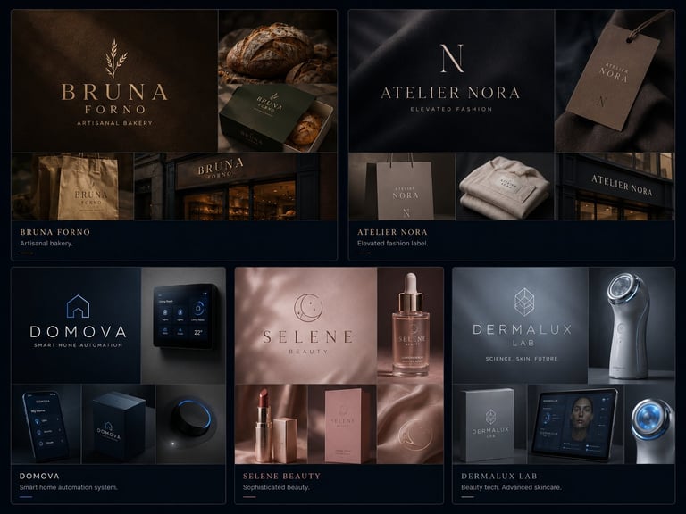 Grid displaying luxury brand logos and product packaging for Bruna Forno, Atelier Nora, Domova, Selene, and Dermalux