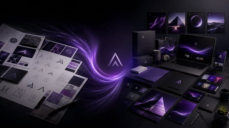 Digital design workspace with purple glowing energy connecting wireframe sketches, UI mockups, and 3D rendered product displays on dark background