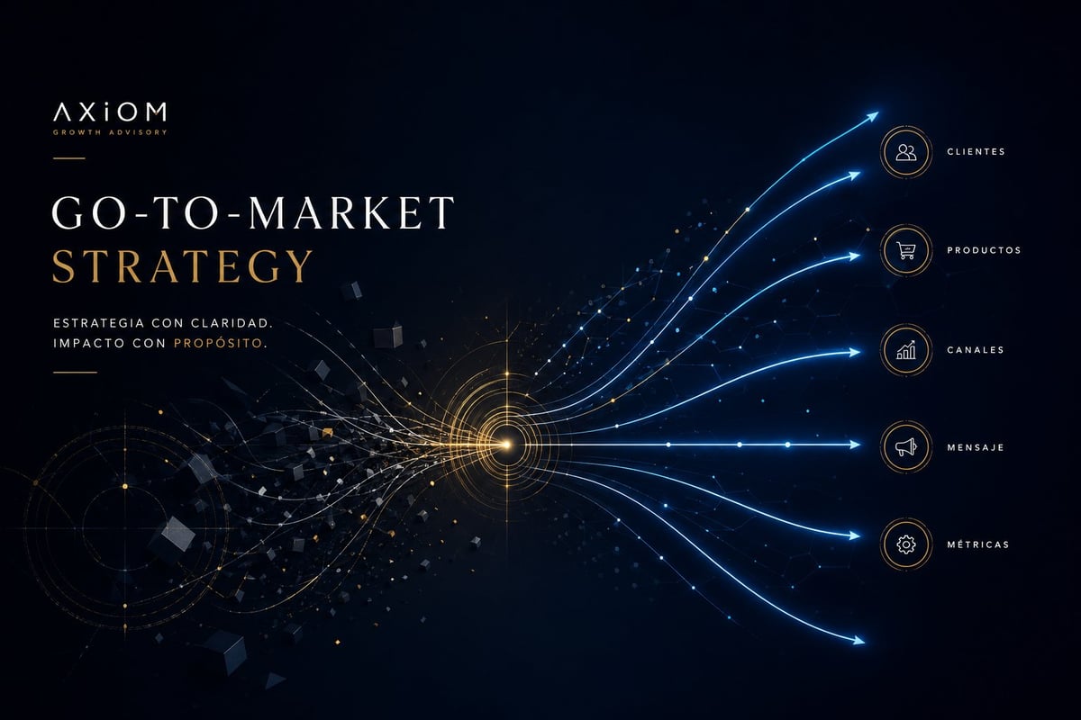 Axiom go-to-market strategy diagram with digital network hub and glowing lines connecting to business icons on dark background