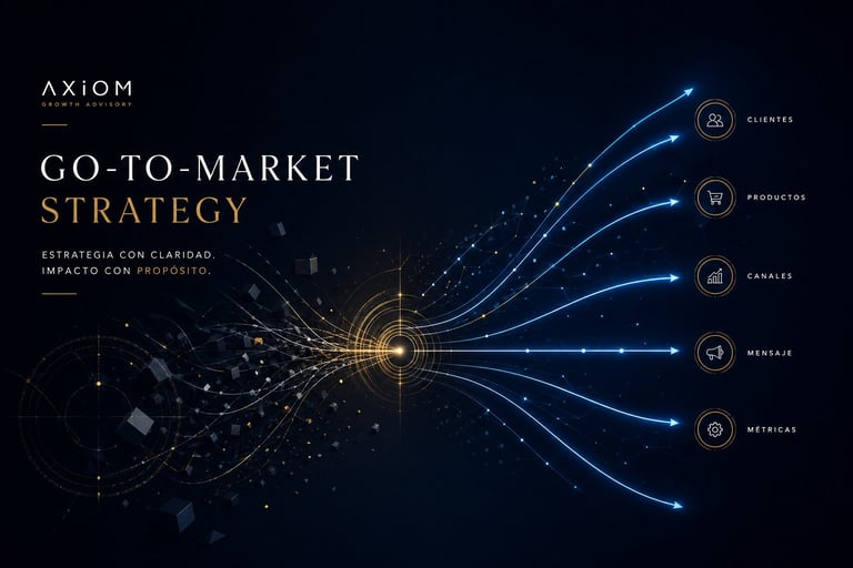 Axiom go-to-market strategy diagram with digital network hub and glowing lines connecting to business icons on dark background