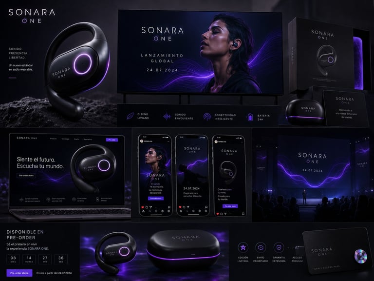 Sonara One product showcase displaying futuristic earbuds with purple accents, featuring website mockups and mobile app interfaces on dark background.
