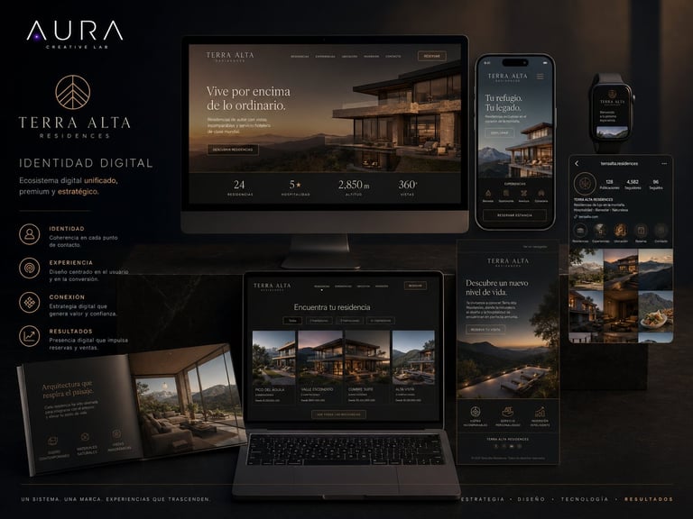 Terra Alta luxury real estate brand digital identity showcase displaying website design across desktop, mobile, and tablet devices with dark aesthetic