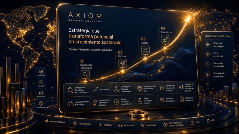 Digital presentation showing AXIOM growth strategy with glowing world map, numbered steps, and business icons on dark blue interface