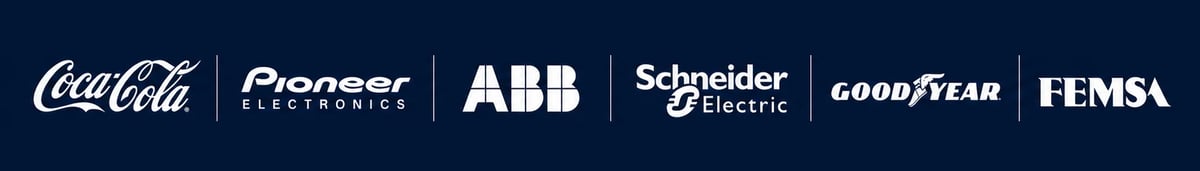 Row of company logos on dark blue background including Coca-Cola, Pioneer, ABB, Schneider Electric, Goodyear, and FEMSA