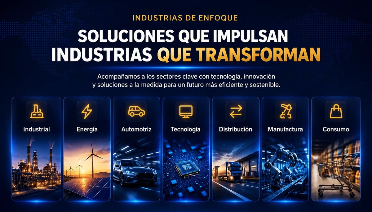 Industrial solutions banner showing seven sectors: Industrial, Energy, Automotive, Technology, Distribution, Manufacturing, and Consumer with corresponding imagery