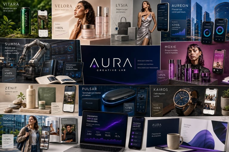 Aura brand identity design system showcasing product packaging, marketing materials, website layouts, and advertising across multiple categories including skincare, lifestyle, and technology.