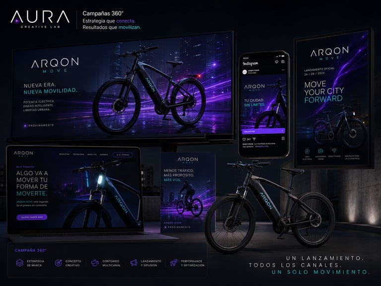 ARGON electric bike marketing campaign showing neon-lit promotional displays, product images, and a physical bike model with purple ambient lighting.