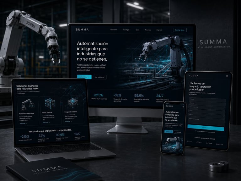 Digital mockup of SUMMA website displayed on multiple devices showing industrial robotics automation interface with dark theme and blue accents