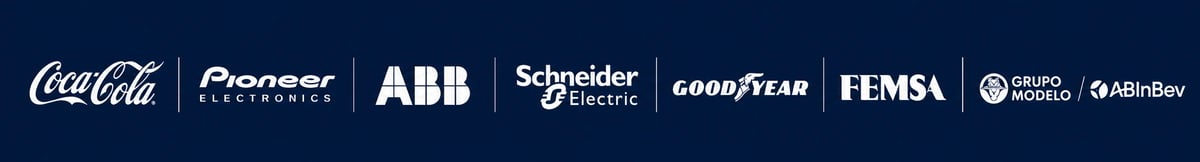 Collection of brand logos including Coca-Cola, Pioneer, ABB, Schneider Electric, Goodyear, FEMSA