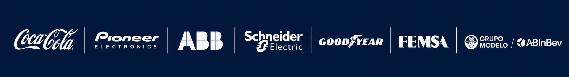 Collection of brand logos including Coca-Cola, Pioneer, ABB, Schneider Electric, Goodyear, FEMSA
